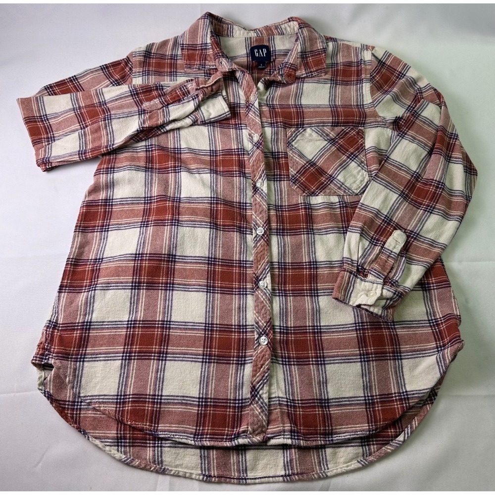 GAP Women Flannel Plaid Shirt Red Cream Blue Long Sleeve Button Up Size L